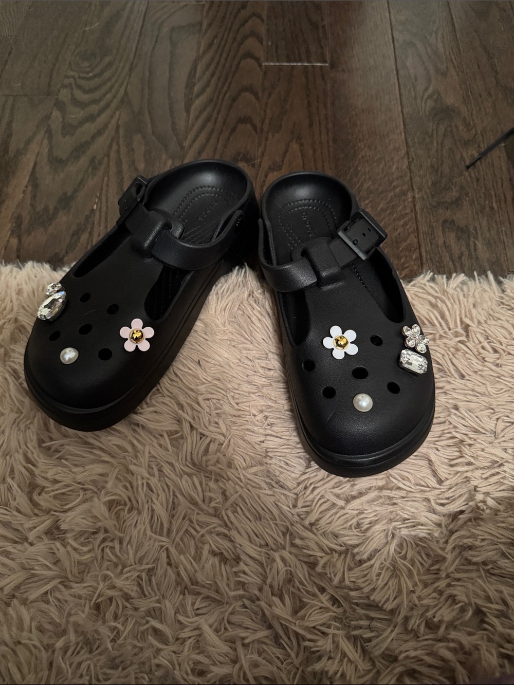 CROCS Black Clog Sandals with Floral and Jewel Charms